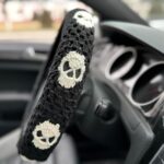 Handmade Crochet Skull Granny Square Car Steering Wheel Covers Universal 14-15 inch for Women and Men (Steer Wheel Cover+ 2 Belt Cover+2 Coaster)
