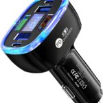 6-in-1 Multi-Function Car Charger with LED Digital Display, PD 3.1A & QC3.0 Super Fast Charging, Fire-Proof PC Body, Multi-Port USB/Type-C Car Adapter for iPhone Android Tablets Cars