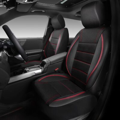 CAR PASS Mesh Leather Car Seat Covers Full Set,Breathable Mesh Faux Leather Seat Covers for Car, Universal Fit for SUV Truck Sedan Automotive, Airbag Compatible, Black and Red - Image 2