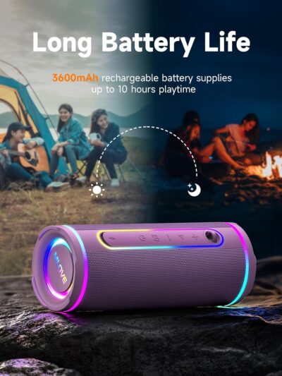 MLOVE E80 Speakers Bluetooth Wireless, Portable Bluetooth Speaker with Aux Input, Micro SD Card Slot, Bass Boost, Dual Pairing, Lights, IPX7 Waterproof, BT5.4 for Outdoor, Travel, Car, TV, 30W, Purple - Image 7