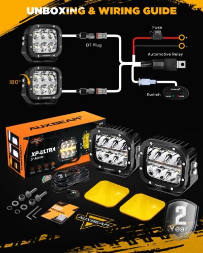 Auxbeam XP-Ultra Series 5 Inch Cube Offroad Lights, Amber DRL Function, Amber White Light Covers, 132W 15600LM Spot Flood Combo, LED Pod Light Bar Off-Road Fog Lights, Pair - Image 7
