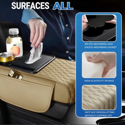 Car Armrest Storage Box with 2 Cup Holders & Phone Slot, Armrest Cover for Car with Tissue Box & 2 Storage Bags - Multifunctional Pu Leather Car Armrest Box Mat (Grey) - Image 5