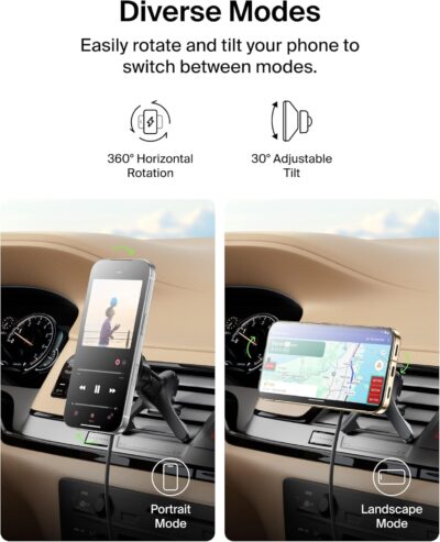 Belkin Wireless Car Charger, Magnetic Car Vent Mount w/ 3.3ft USB C Cable, Qi2 MagSafe Compatible Fast Charging iPhone Charger for iPhone 17, Galaxy S26, Pixel 10, & More - Travel Accessories - Black - Image 5