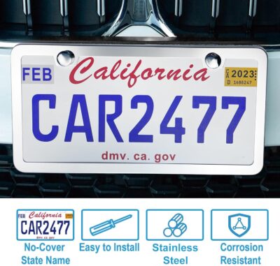 Solid Silver License Plate Frames 2 Pack, 2 Holes Rust-Proof License Plate Holder, Universal Car Stainless Steel License Plate Frame for Women & Man (Screws & Chrome Caps) by Lengnoyp - Image 2