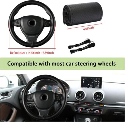 Kewucn Genuine Leather Steering Wheel Cover, 15" Universal Car Steering Wheel Protector with Needle Thread, Breathable Anti-Slip Steering Wheel Cover DIY Stitch on Wrap (Black, Full Hole) - Image 2