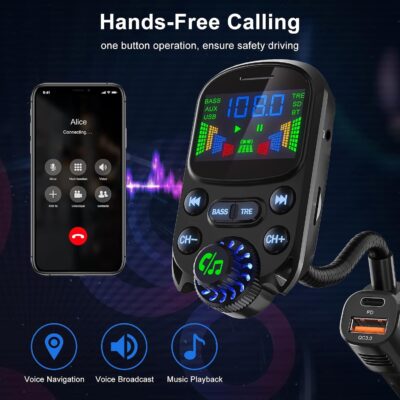Bluetooth 5.3 FM Transmitter for Car SOARUN Bluetooth Car Adapter PD30W & USB Port Fast Charge, HiFi Treble & Bass Player, 1.6" Display Hands-Free Calling Truck Radio with AUX Input/Output, TF Card - Image 4