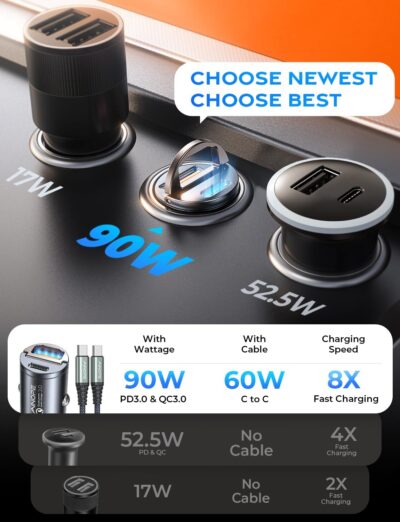 AINOPE 90W for Phone 17/16/15 Pro Max Car Charger USB C Fast Chage, [Mini&Metal] Invisible Cigarette Lighter Adapter with 3FT USB C to C Cable for iPhone 17/17 Pro/17e/16/15 Pro Max/Plus/16e, Kids - Image 3