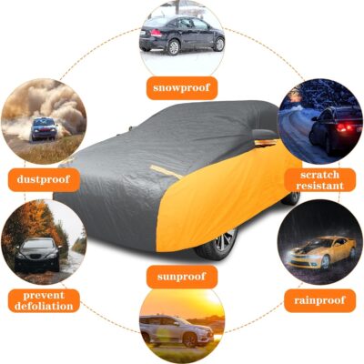 Riakrum Full Car Cover Waterproof All Weather for Automobiles Windproof Cover Rain UV Protection Sun Scratch Resistant Outdoor Universal(Fit Sedan Length (185-193'') 70'' H,Black, Orange) - Image 5
