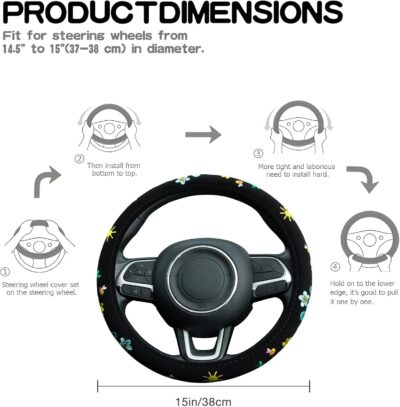 Embroidered Floral Bee Cute Black Steering Wheel Cover, Auto Anti-Slip Breathable Steering Wheel Protector,Floral Car Accessories for Women,Universal Size Fit Most Cars -15 inch - Image 5