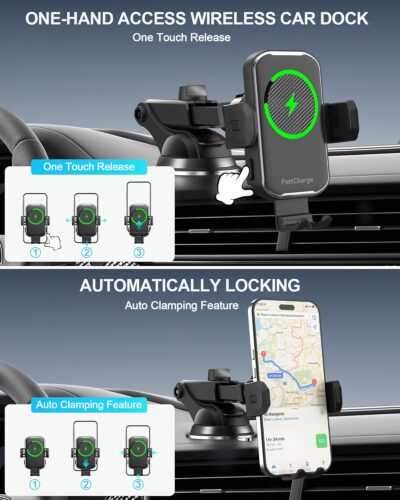 Wireless Car Charger,15W Fast Charging Auto Clamping Phone Holders for Your Car Compatible with iPhone 16/15/14/13, for Samsung Galaxy S24 Ultra S23 S22 S21, S20, S10+ - Image 3
