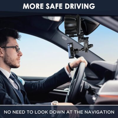 IPOW Large Rearview Mirror Phone Holder for Car 360°Rotatable and Retractable, 2024 Upgraded Four Corners Fixed Anti-Shake Multifunctional Design for All Phones and All Car Rearview Mirror with Button - Image 7