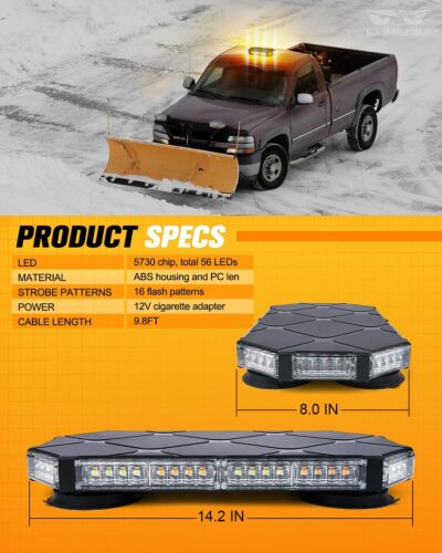 LUMENIX 56 LED Roof Top Strobe Beacon Lights Bar Rooftop Hazard Warning Emergency Safety Flashing Plow Light for Construction Vehicles Tow Commercial Trucks Postal Security Cars Snowplow - Amber White - Image 7