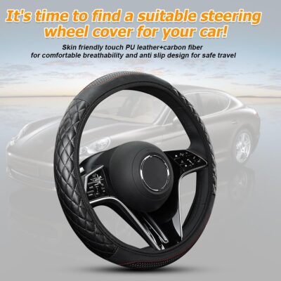 Car Steering Wheel Cover, 14.96" Leather Anti-Slip Vehicle Steering Wheel Protector with Fish Scale Graphic Grip, Automobile Interior Protection, Universal for Sedan Truck SUV (Black) - Image 5