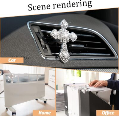 Frienda Bling Car Air Vent Clip Crystal Cross Rhinestone Vehicle Air Conditioner Outlet Vent Charm Car Bling Accessories for Women Wheels Interior Decoration(Silver) - Image 6