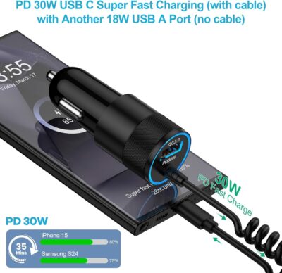 for iPhone 16e 17e 17 Pro Max Air, Fast Car Charger Adapter for iPhone 16e, 16, 16 Pro Max, 16 Plus, 15 Series, USB C Vehicle Phone Auto Automobile Plug with 2.8FT Coiled Cable Cord Fast Charging - Image 2