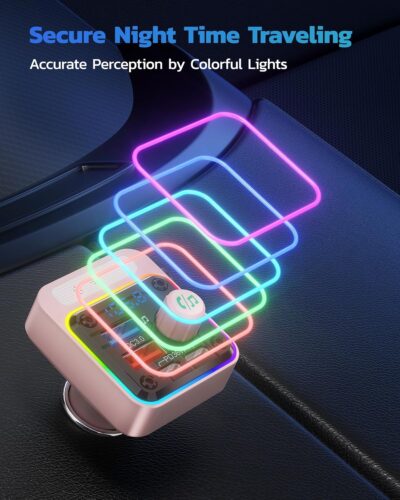 Nulaxy 54W Bluetooth 5.3 Car Adapter with 4 Charging Ports [PD 36W & QC3.0 18W], Wireless Radio FM Transmitter with Deep Bass Player & 5 Colors LED Backlit, Hands-Free Calling - Pink - Image 7