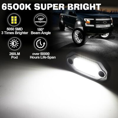 White Rock Lights，Aluminum Housing, Waterproof IP68,6500K Pure White Super Bright Underglow, Rock Lights for Trucks, UTV, ATV, SUV, Boats,Each Rock Light Comes with a 15-Foot Extension Cord (8 Pods) - Image 3