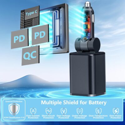 [Apple MFi Certified] Retractable Car Charger USB C, Braveridge 120W USB C Car Charger 4 in 1 PD/QC Type C Fast Charge Cigarette Lighter Adapter for iPhone 17/17 Pro Max/16 Pro/15/Galaxy S26/S25/Pixel - Image 6