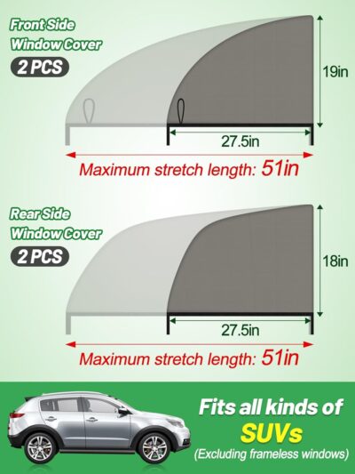 Car Window Shades for SUV - 4 Pack Stretchy Sun Shade Mesh Side Car Window Screen Covers for Camping Family Baby Pet Anti-Mosquito Privacy Protection When Parking - Image 4