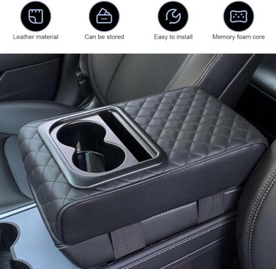 Car Center Console Armrest, Leather Memory Foam Armrest Cushion with Cup Holder & Phone Holder, 13.8" x 8.3" Car Arm Rest Support Pad, Universal for Most Vehicles (Black) - Image 3