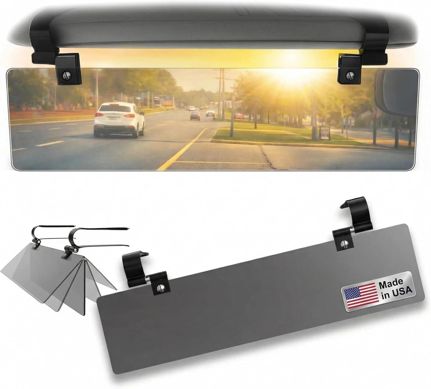 719VfvqeKVL._AC_SL1500_.jpg Glare Guard Professional-Grade Polarized Sun Visor Extender – Anti-Glare Sun Glare Blocker for Car Windshields, Adjustable Clip-On UV400 Tinted Visor Extension for Cars, Trucks & SUVs - Image 1