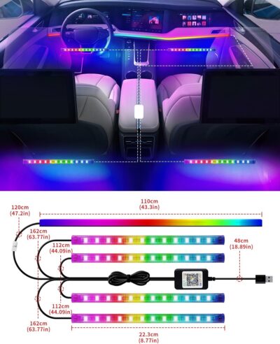 YM E-Bright 5 in 1 Car Interior Led Light Kit，Dreamcolor Acrylic Neon Interior Car LED Strip Lights，Dash Footwell Multicolor with Music Sync Mode and DIY Mode - Image 6