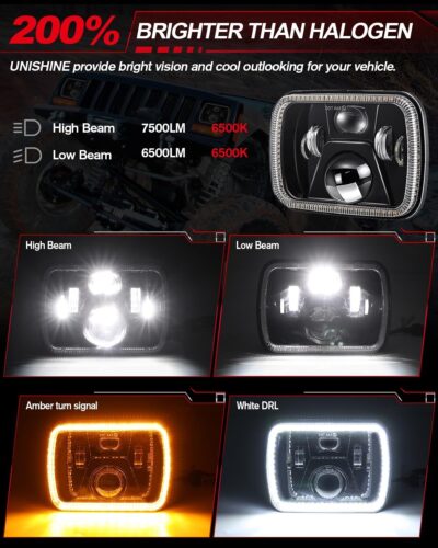 UNI-SHINE Rectangular 5x7 7x6 Inch LED Headlights Sealed Beam Headlamp Amber/White DRL Halo Angel Eyes Compatible with Jeep Wrangler YJ Cherokee XJ Truck Replacement H6054 H5054 H6054L - Image 2
