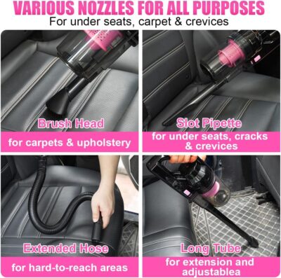Viewsun Car Vacuum Cordless Rechargeable, 8000PA High Power Handheld Vacuum Cleaner with 17PCS Car Cleaning Kit, Pink Auto Accessories for Women Gift - Image 5