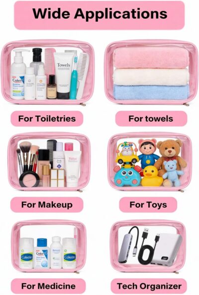 Travel Clear Makeup Bag Set for Women, 3 Pack Travel Size Toiletry Bag with Zipper Small Makeup Pouch for Purse Waterproof Portable Cosmetic Case Compact Car Organizer Storage Bag (Pink Set) - Image 3