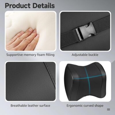 OMISTAR 2 Pcs Car Neck Pillow, Faux Leather Car Headrest Pillow, Memory Foam Neck Pillow for Car, Breathable Design, Adjustable Strap, Universal Fit, 8.7 x 8.5 x 3.5 in - Image 3