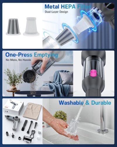 Handheld Car Vacuum Portable Cordless 25000Pa High Power Small Mini Hand Vacuum Rechargeable 4-in-1 Wireless Handheld Vac for Car Office Desktop Home Cleaning Ideal Gifts for Men & Women - Image 6