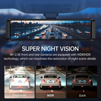 4K Rear View Mirror Camera, 12'' Mirror Dash Cam, 4K/2.5K Backup Camera for Car, WiFi/GPS Dash Cam Front and Rear with 32GB Card, APP, Voice Control, WDR Night Vision, Reverse Assist (Black) - Image 9