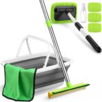 7 Pcs Windshield Car Squeegee and Collapsible Washing Bucket Combo Set 2 in 1 Squeegee Window Cleaner with Long Handle Car Interior Glass Cleaning Tool Reusable Pads Towel Spray Bottle