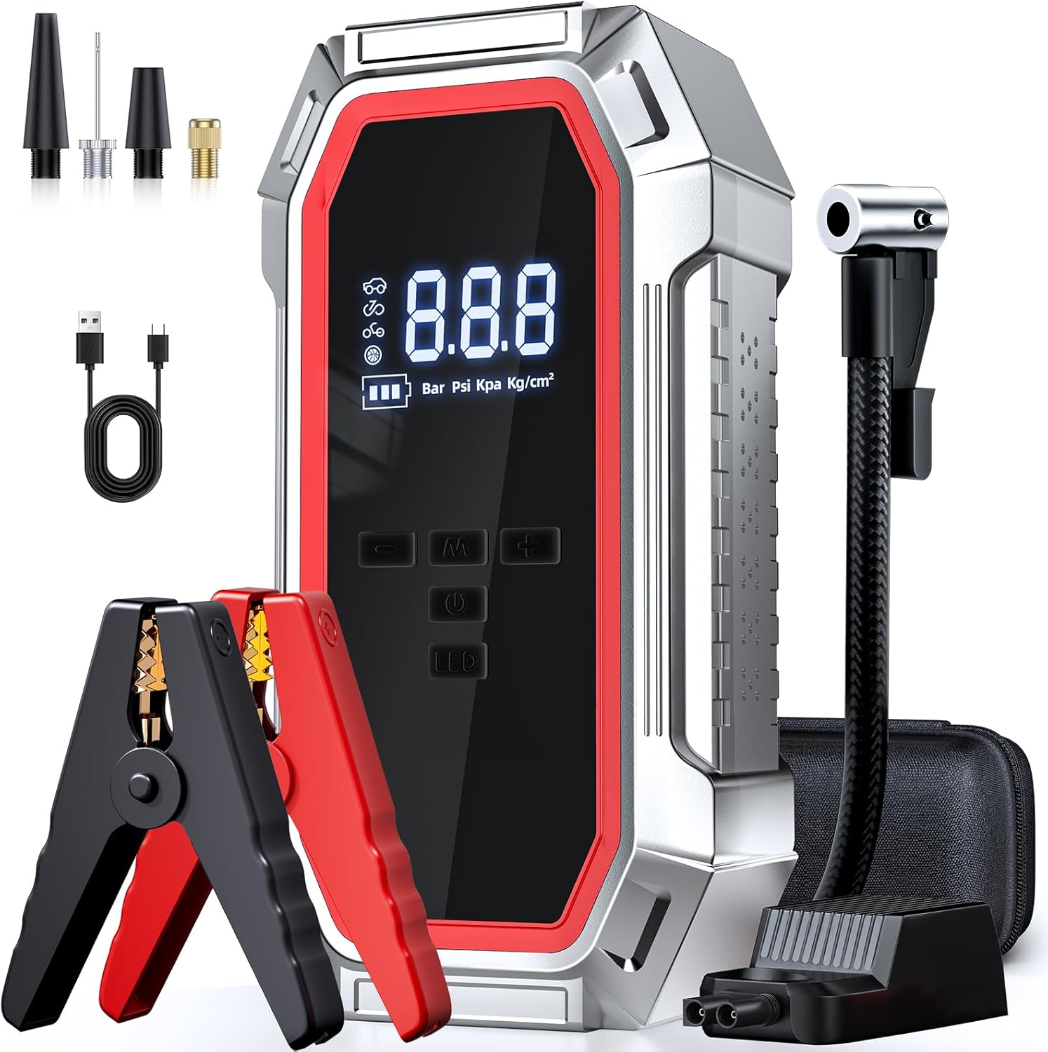 71AM5p3OGvL._AC_SL1500_.jpg Jump Starter with Air Compressor, 5000A Peak Car Battery Jump Starter(9.0 Gas/8.0L Diesel), 160PSI 12V Jump Box Car Battery Jumper Starter Portable with Smart Jumper Cables, LED Lights, LCD Display - Image 1