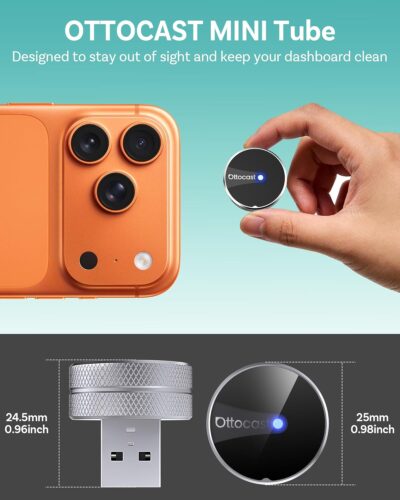OTTOCAST Mini Tube 2026 Wireless CarPlay & Android Auto Adapter, Ultra-Fast Auto Reconnect,WiFi 6 & Bluetooth 5.4,Mini Plug & Play Dongle for Cars with Wired CarPlay - Image 2