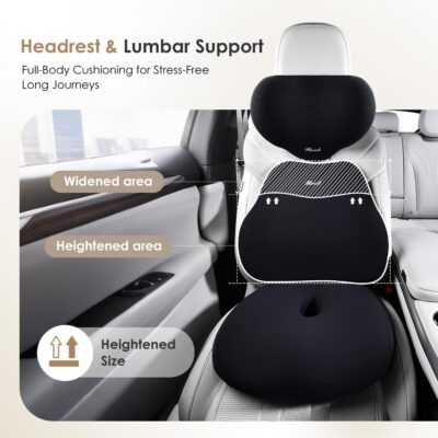 FLORICH Car Seat Cushion & Lumbar Support Pillow & Car Neck Pillow, Ergonomic Memory Foam Driving Seat Cushion for Back & Sciatica Pain Relief, Non-Slip Washable Cushion for Car, Driver, Office-Black - Image 6