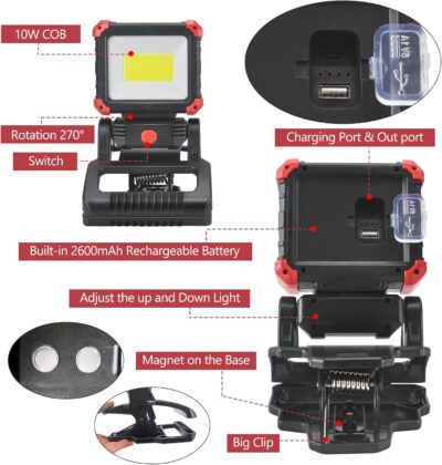 LED Rechargeable Work Light with Clamp, 2100LM Super Bright COB Magnetic Work Light with 3 Light Modes, 270° & 180° Rotation, Waterproof, Perfect for BBQ, Jobsite, Workshop, Car Repairing - Image 7
