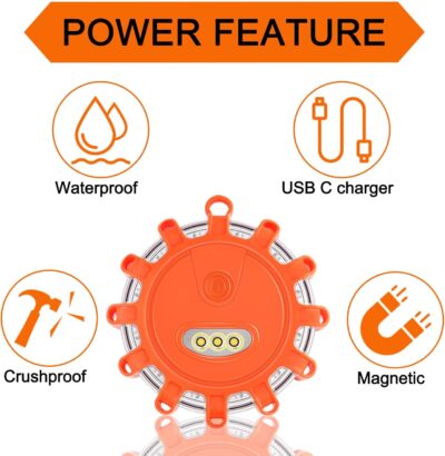 USB C Rechargeable LED Road Flares Emergency Lights with Magnetic Base, 9 Strobe Options Roadside Emergency Warning Car Safety Beacon Flashing Disc Flare Kit for Vehicles & Boat, 3 Pack - Image 6