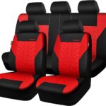 CAR PASS Car Seat Covers Full Sets, Front & Split Rear Bench for Car, 3D Tyre Embossed Automotive Interior Covers, Airbag Compatible, Quick Setup Universal Fit Seat Covers for Car, SUV(Black Red)