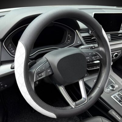 LKWLIKEI Nappa Leather Steering Wheel Cover, Elegant Diamond Checkered Design, Non-Slip wear-Resistant, Enhance Driving Comfort, Suitable for Steering Wheel Diameter 14 1/2‘-15’ Models.Black White - Image 6