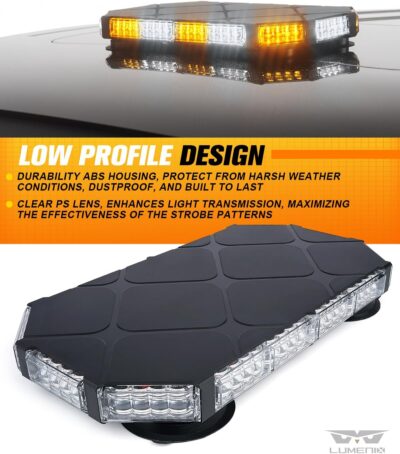 LUMENIX 56 LED Roof Top Strobe Beacon Lights Bar Rooftop Hazard Warning Emergency Safety Flashing Plow Light for Construction Vehicles Tow Commercial Trucks Postal Security Cars Snowplow - Amber White - Image 3