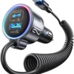 200W Car Charger USB C, PD100W Fast Charge w/100W Type C Fast Charging 5FT Coiled Cable, PD3.0/QC4.0/PPS Cigarette Lighter Phone Adapter for iPhone 17/16 ProMax, MacBook Pro/Air, Samsung S26/S25, iPad