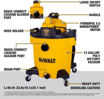 DEWALT 12 Gal Shop Vac, 5.5 HP Wet Dry Vac with Detachable Blower, High-Capacity Cleaner for Garage, Car, Workshop & Outdoor Leaves, All-in-1 DXV212PA (Reusable Bag) - Image 7