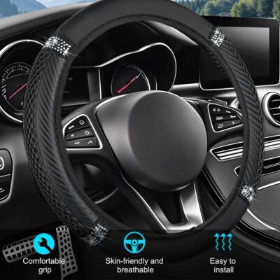 Bling Car Steering Wheel Cover, 15 Inch Elastic Stretch Crystal Rhinestone Vehicle Steering Wheel Protector, Anti-Slip Auto Interior Protective Cover, Universal for SUV RV Truck (Black) - Image 3