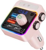 Nulaxy 54W Bluetooth 5.3 Car Adapter with 4 Charging Ports [PD 36W & QC3.0 18W], Wireless Radio FM Transmitter with Deep Bass Player & 5 Colors LED Backlit, Hands-Free Calling - Pink