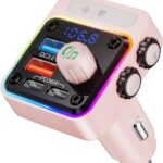 Nulaxy 54W Bluetooth 5.3 Car Adapter with 4 Charging Ports [PD 36W & QC3.0 18W], Wireless Radio FM Transmitter with Deep Bass Player & 5 Colors LED Backlit, Hands-Free Calling - Pink