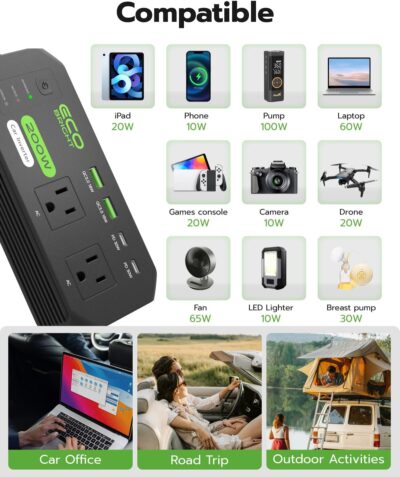 200W Car Power Inverter DC 12V to 110V AC, 30W USB-C & 18W USB-A Fast Charging, 2 AC Outlets for Laptop, Phone, Tablet, Game Console - Compatible with 12V Cigarette Lighter Socket - Image 6