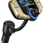 Sumind 2026 Upgraded Wireless Bluetooth Car Adapter FM Transmitter, 1.7'' LCD Display, Flexible Gooseneck, 20W QC3.0&Dual USB Ports, AUX Input/Output for Hands-Free Call, Micro/TF Card(Golden,Normal)