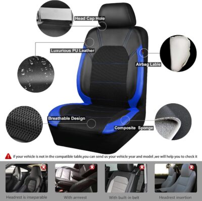 CAR PASS Air Mesh Leather Car Seat Covers Full Set, Waterproof Car Floor Mats, Sporty Steering Wheel Cover 14.5-15in, Universal Fits for 95% Cars Truck SUV (Black and Blue) - Image 6