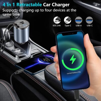 Paiholy 4 in 1 Retractable Car Charger,Fast USB C Car Charger 120W with Dual Retractable Cable Dual USB Ports,Voltage Display Compatible with iPhone 15 Pro Max/14/13/12,Galaxy S23/ S22/S10 - Image 2